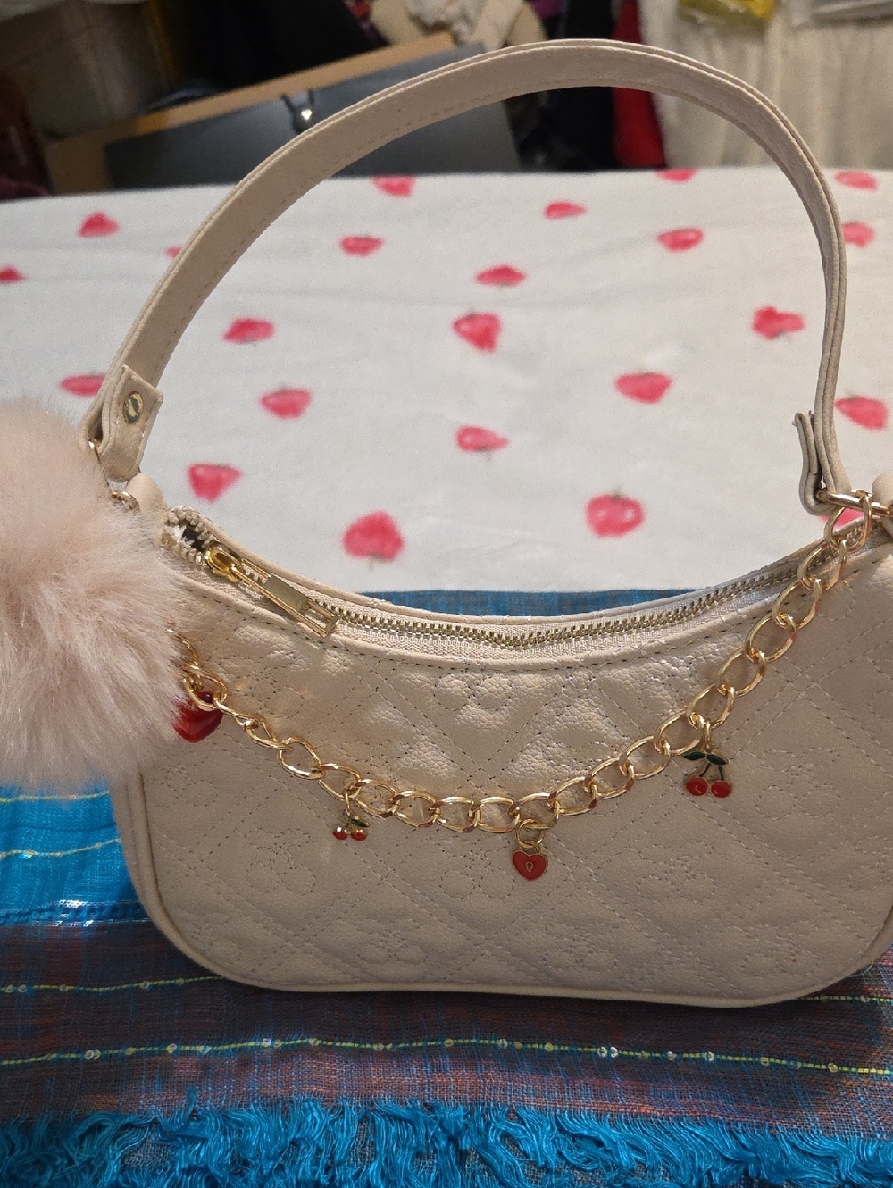 Beige Quilted Chain-Accent Women’s Shoulder Bag